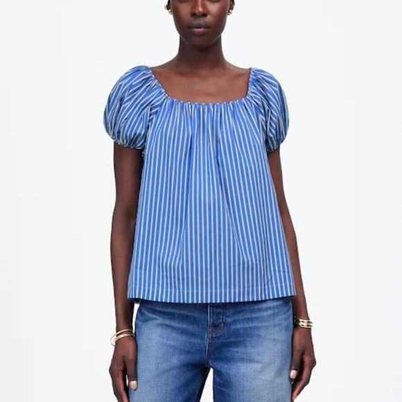 NWT Madewell Square-Neck Puff-Sleeve Shirt in Stripe Blue and White Size 2 - Picture 1 of 9
